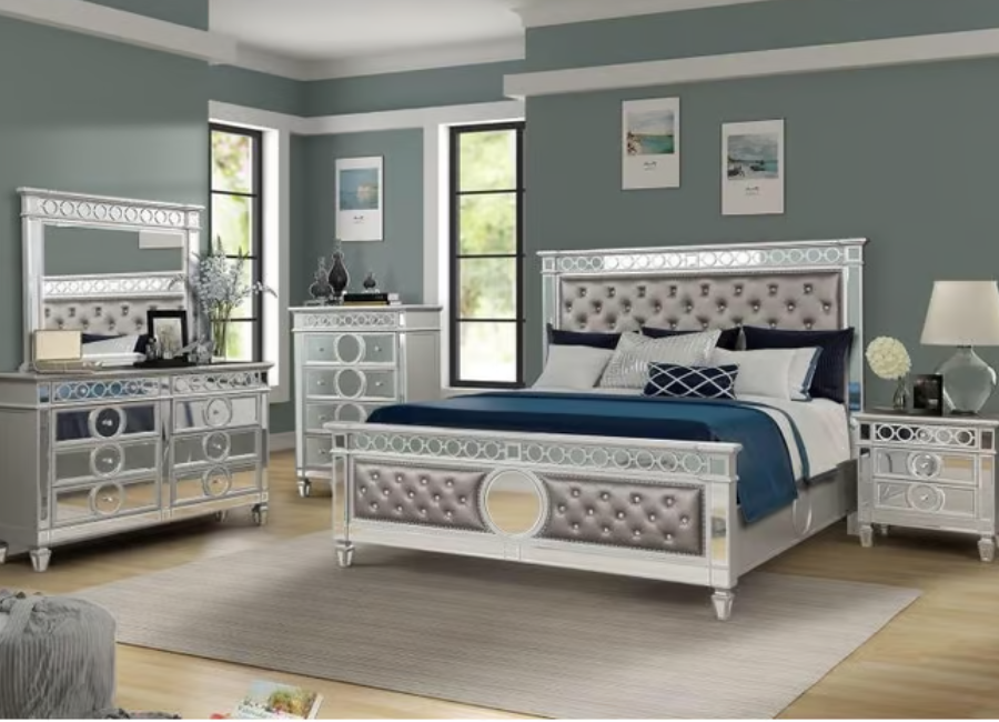 Including : Queen Bed, Dresser Mirror, Chest, and 1 nightstand.